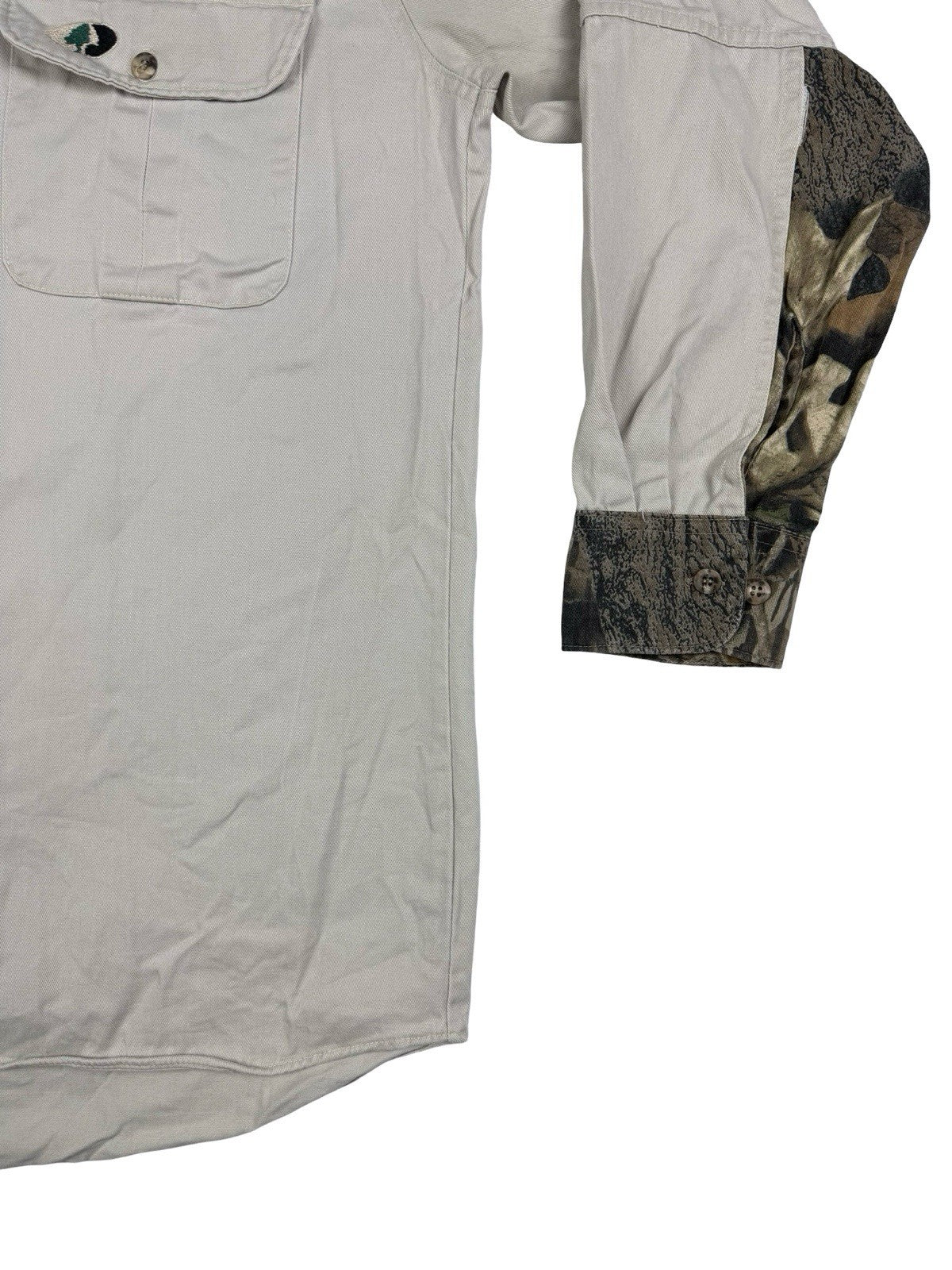 Mossy Oak Vintage Grey Camo Patch Cotton Shirt Size Large Made In USA