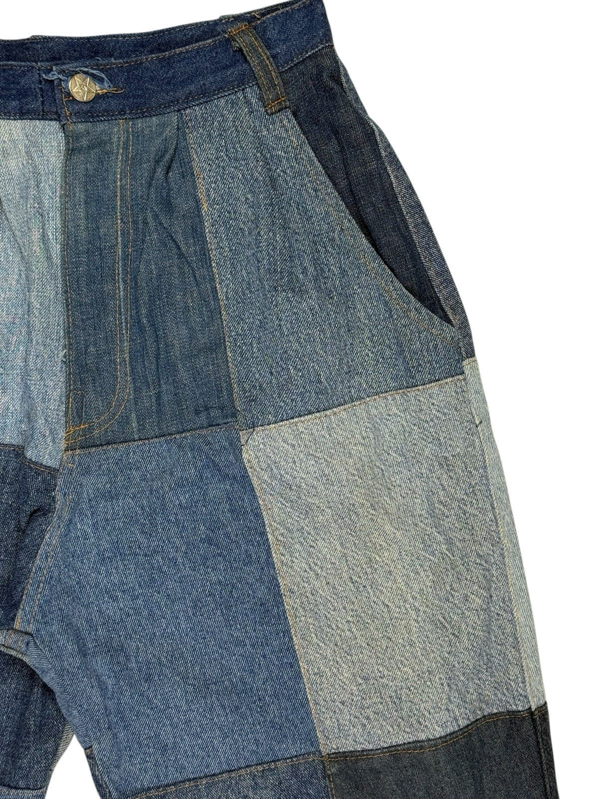 Unique Retro Patchwork Blue Denim Jeans 26W 28L Loose Fit