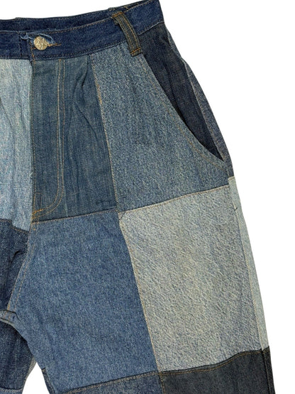 Unique Retro Patchwork Blue Denim Jeans 26W 28L Loose Fit