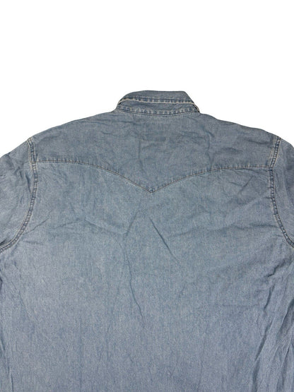 Wrangler Pearl Snap Blue Denim Western Cowboy Shirt 2XL Tall