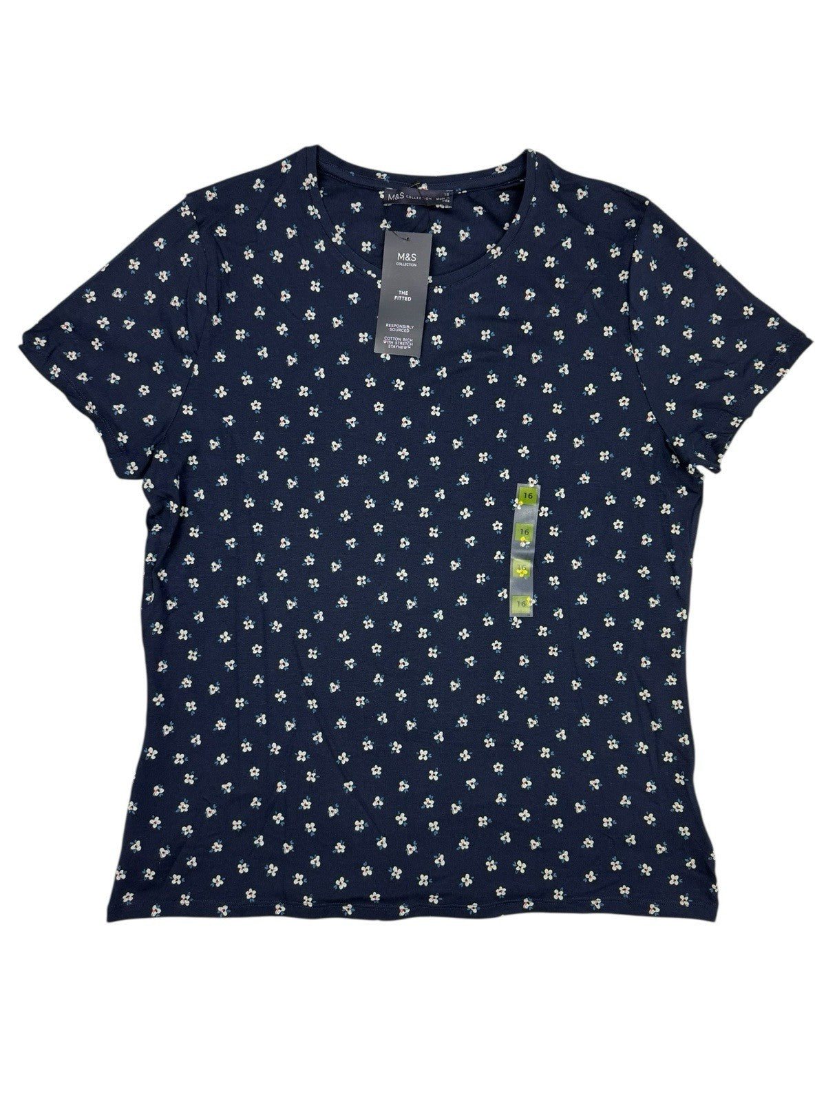 BNWT M&S Blue Floral Cotton Blend Fitted T-Shirt Top