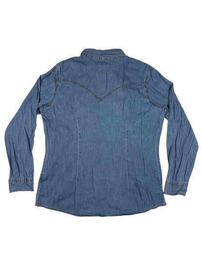 Wrangler Retro Blue Pearl Snap Western Cotton Shirt Women's Large