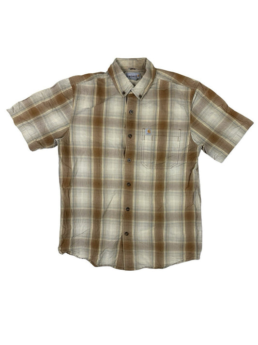 Carhartt Relaxed Fit Lightweight Beige Plaid Short Sleeve Shirt Medium