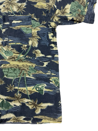 Pacific Scene Retro Blue Hawaiian Floral Beach Holiday Shirt XL