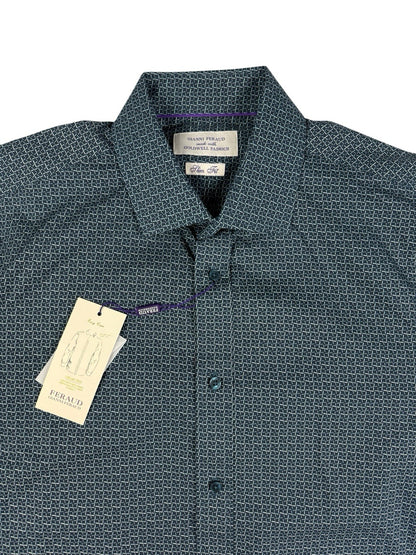 Gianni Feraud Blue Geometric Pattern Slim Fit Dress Shirt Medium (16in Collar)