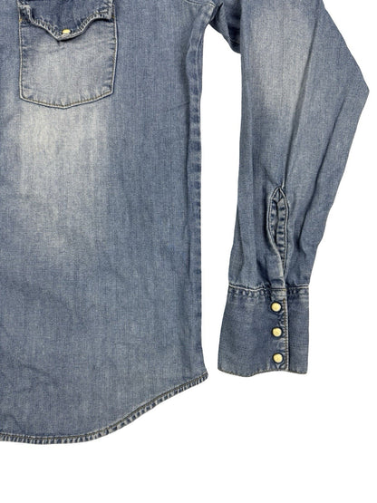 Lee Faded Blue Retro Pearl Snap Denim Western Shirt Medium