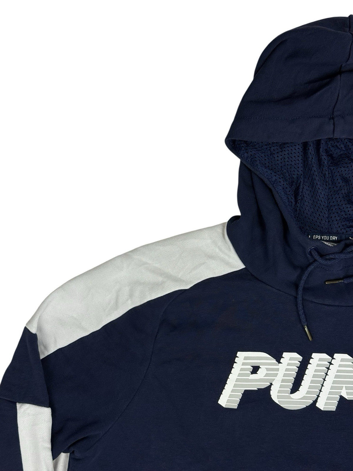 Puma Blue Colourblock Print Spellout Logo Hoodie Sweatshirt Medium