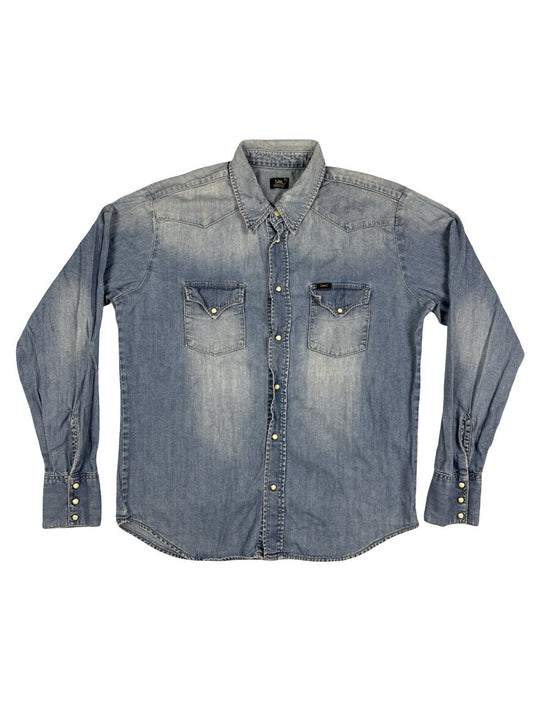 Lee Faded Blue Retro Pearl Snap Denim Western Shirt Medium