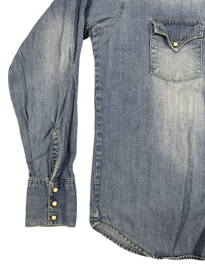 Lee Faded Blue Retro Pearl Snap Denim Western Shirt Medium