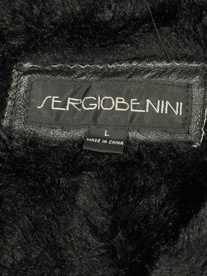 Sergio Benini Retro Y2K Black Fur Lined Hooded Leather Jacket Large