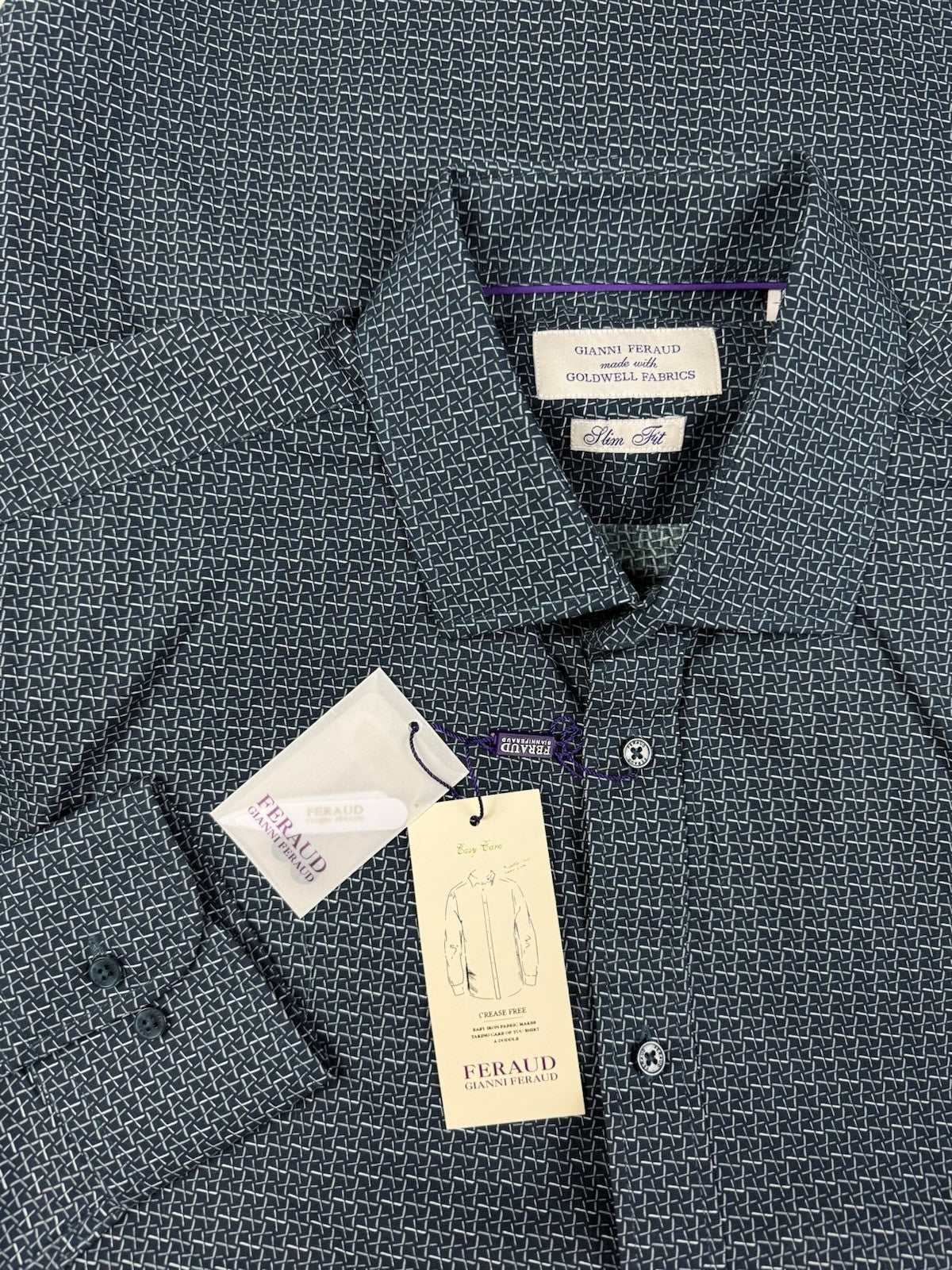 Gianni Feraud Blue Geometric Pattern Slim Fit Dress Shirt Medium (16in Collar)