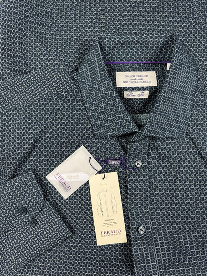 Gianni Feraud Blue Geometric Pattern Slim Fit Dress Shirt Medium (16in Collar)