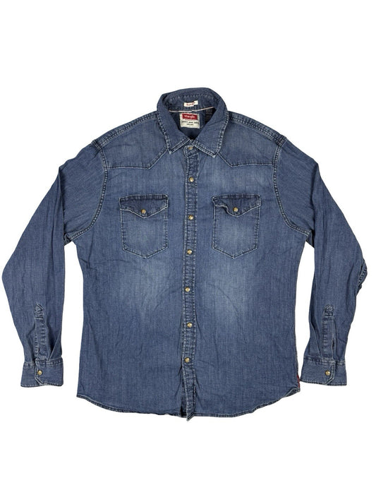 Wrangler Flex Comfort Blue Pearl Snap Western Denim Shirt Large