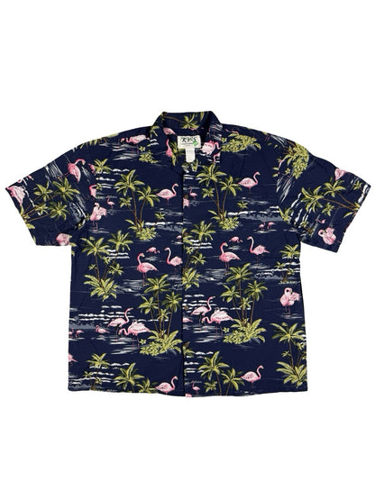 Vintage Ky's Blue Hawaiian Cotton Beach Holiday Flamingo Tropical Shirt XL
