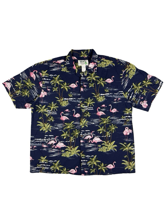 Vintage Ky's Blue Hawaiian Cotton Beach Holiday Flamingo Tropical Shirt XL