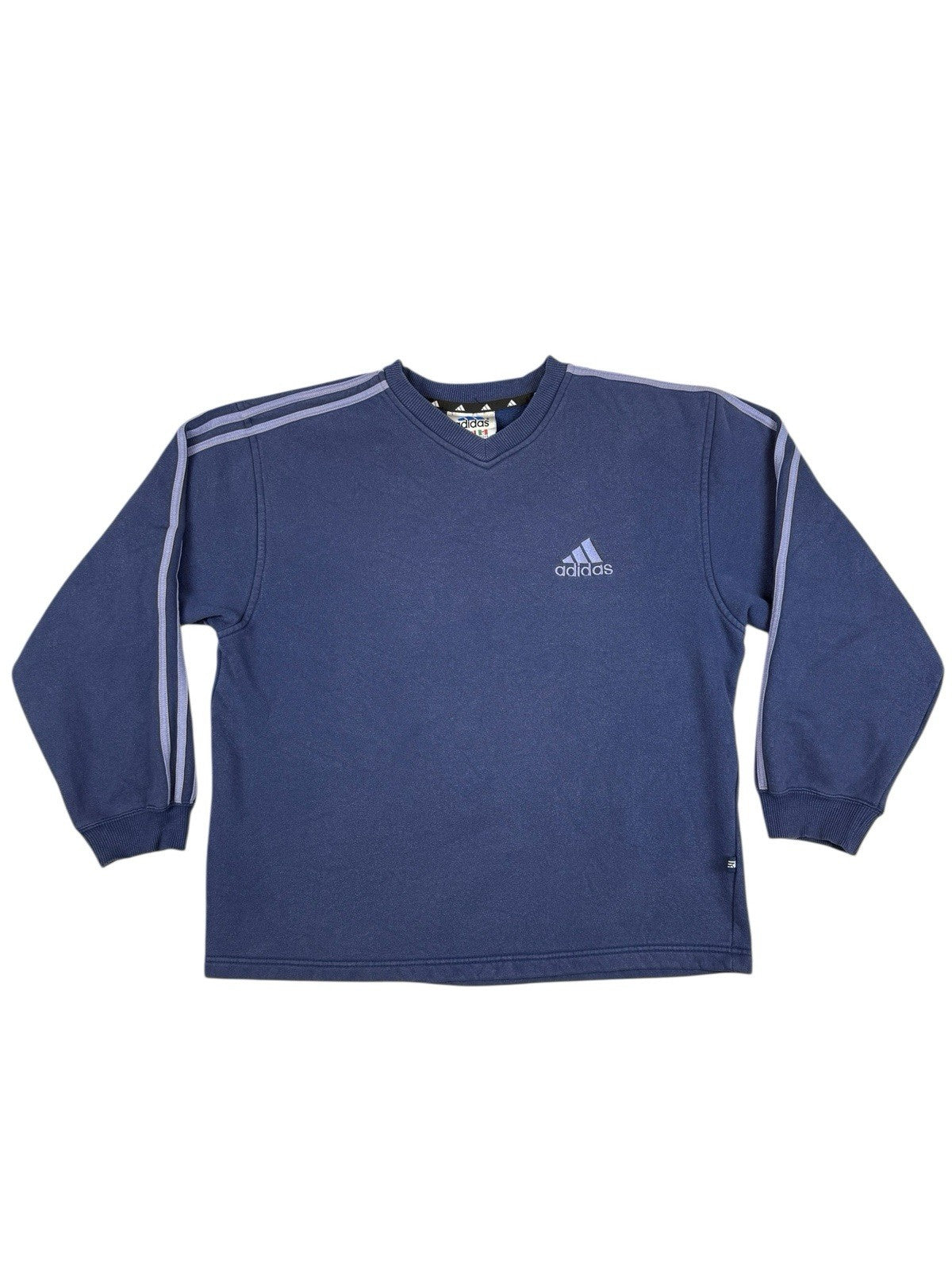Adidas Vintage Blue Striped V-Neck Jumper Large