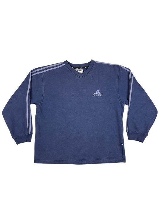 Adidas Vintage Blue Striped V-Neck Jumper Large