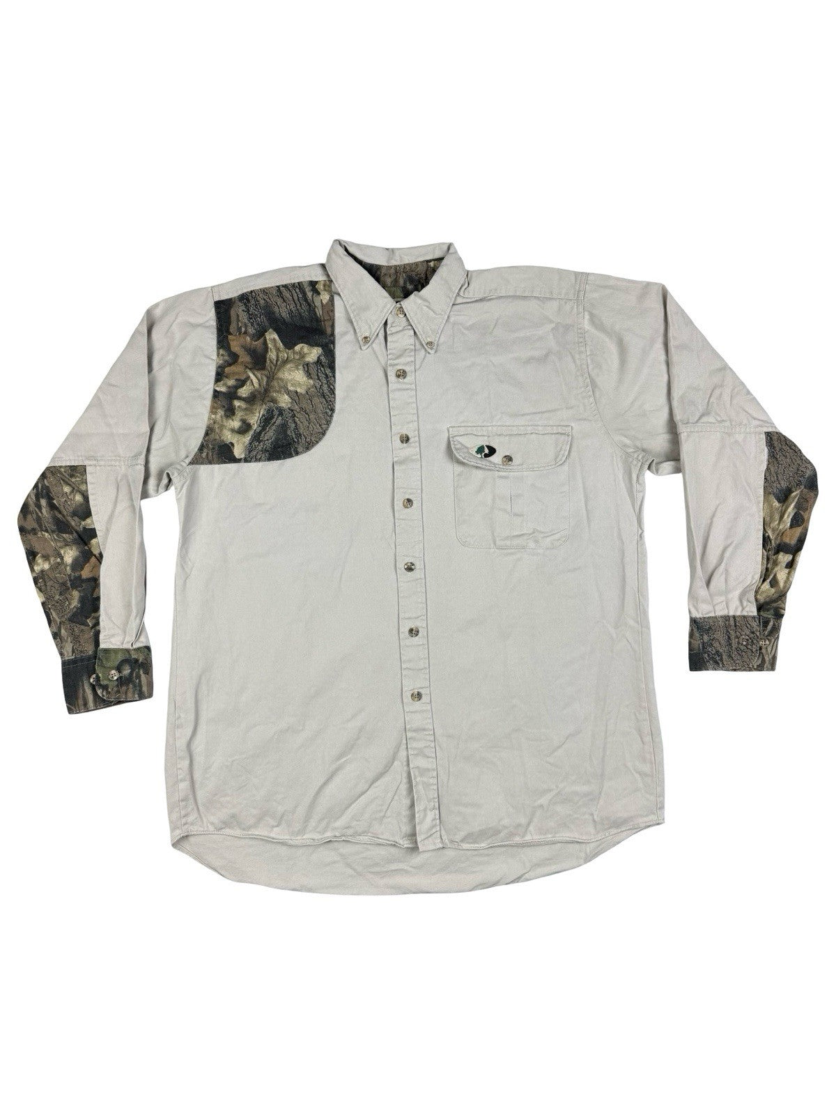 Mossy Oak Vintage Grey Camo Patch Cotton Shirt Size Large Made In USA