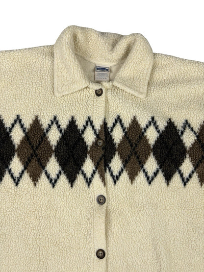 Essentials Style Retro Cream Argyle Fleece Button Jacket Medium