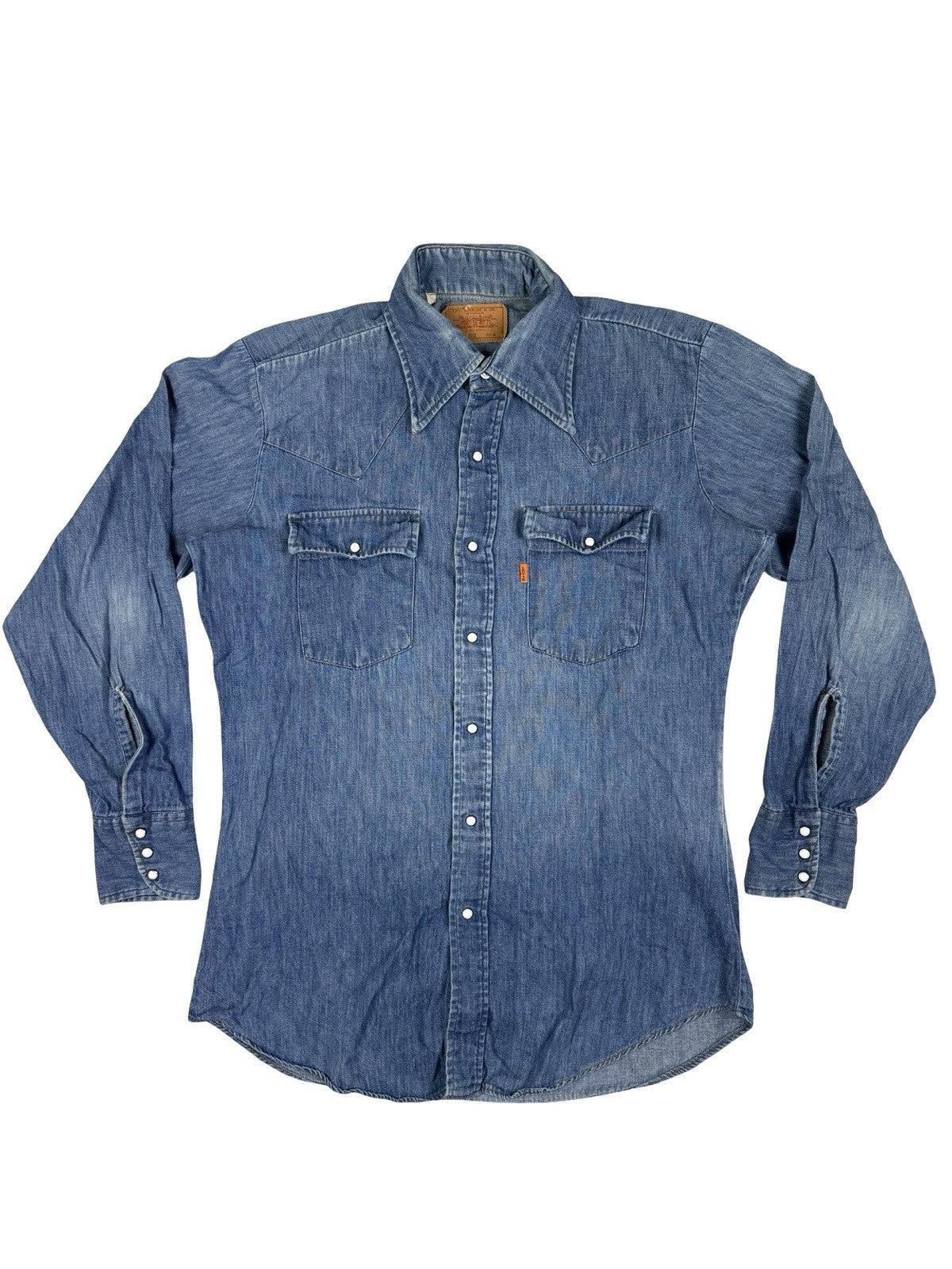 Levi's Vintage 70s Orange Tab Blue Chambray Pearl Snap Western Work Shirt Medium
