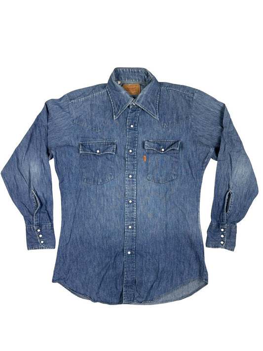 Levi's Vintage 70s Orange Tab Blue Chambray Pearl Snap Western Work Shirt Medium