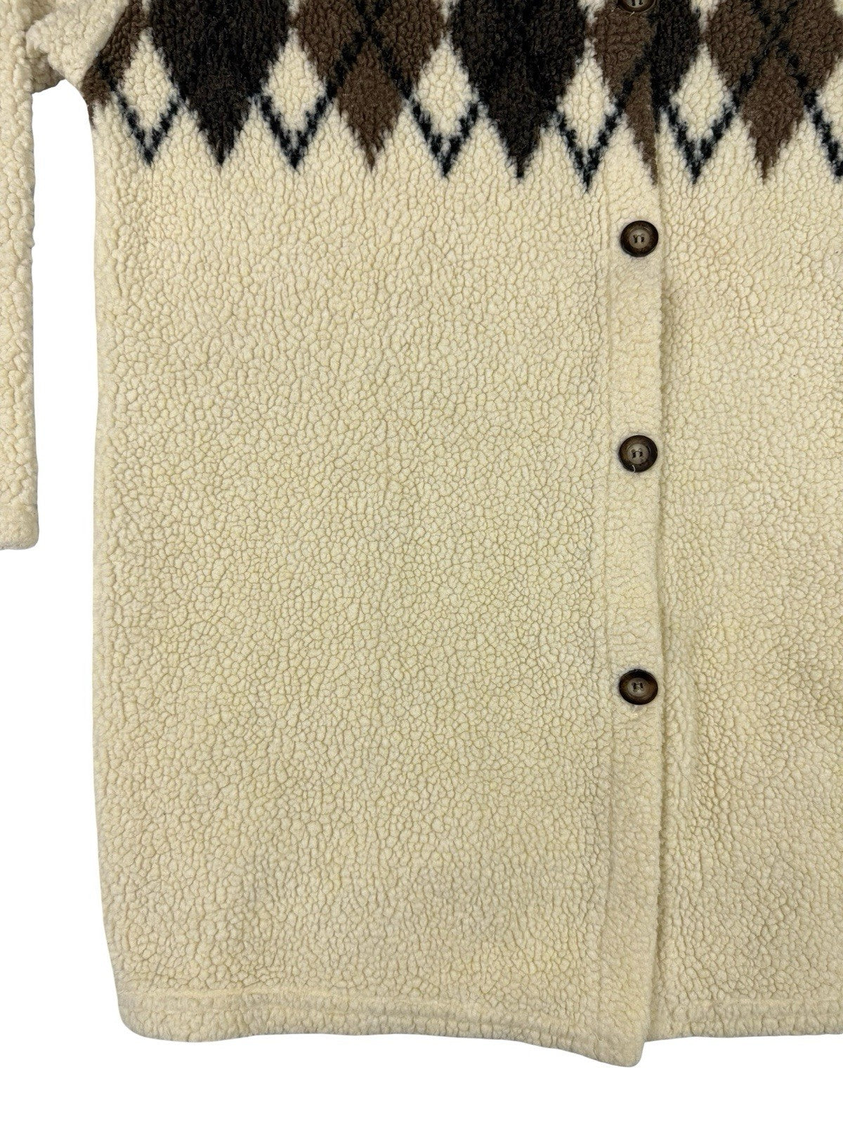 Essentials Style Retro Cream Argyle Fleece Button Jacket Medium
