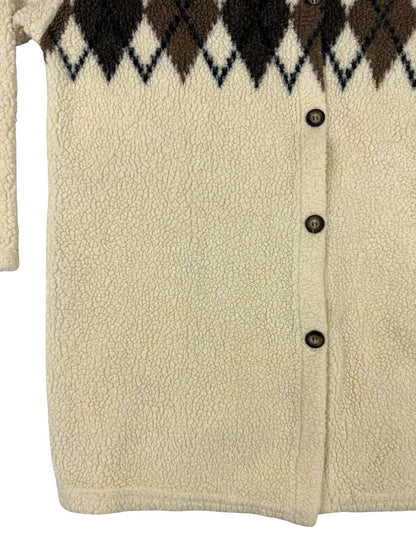 Essentials Style Retro Cream Argyle Fleece Button Jacket Medium
