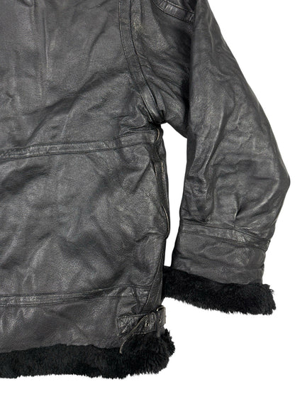 Sergio Benini Retro Y2K Black Fur Lined Hooded Leather Jacket Large