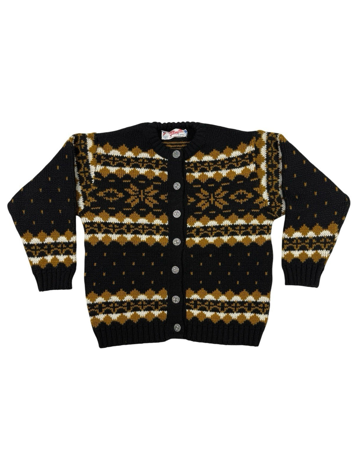 Vintage Norwegian Wool Black Snowflake Pattern Cardigan Women's Medium