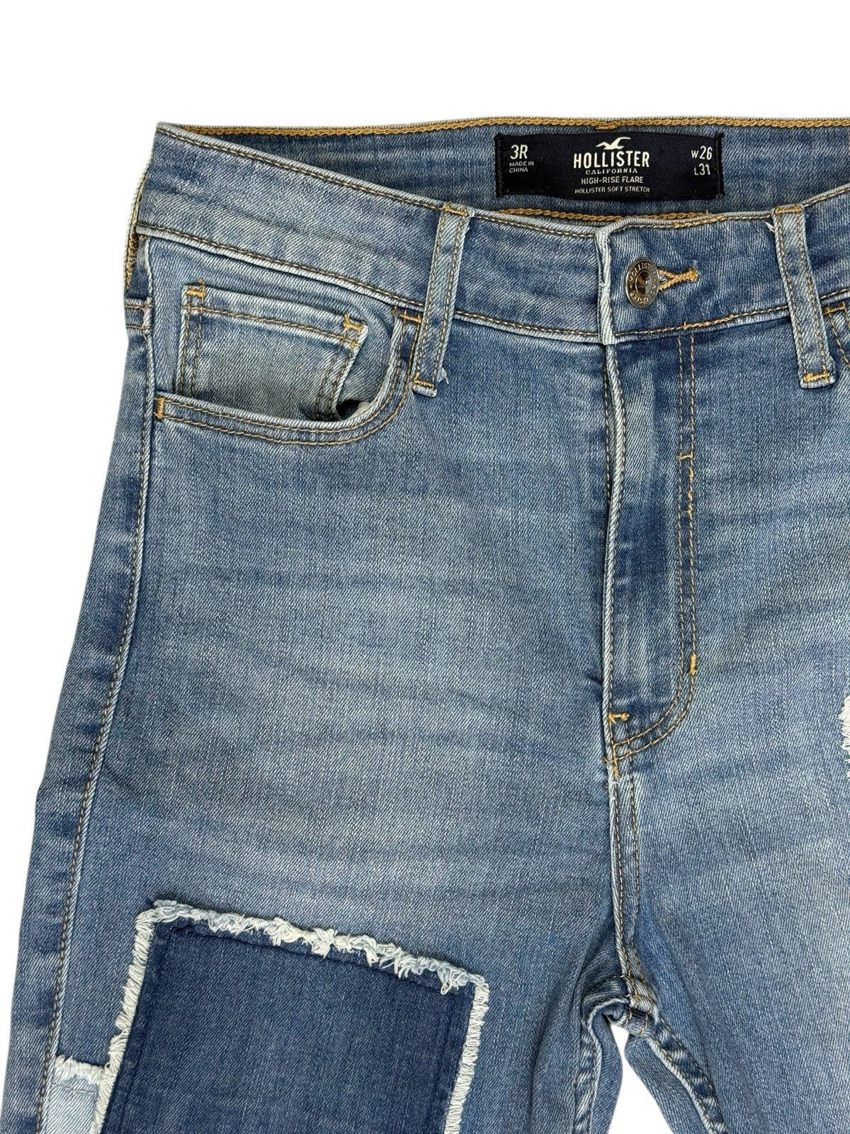 Hollister Blue High-Rise Flare Patchwork Jeans 26W 31L
