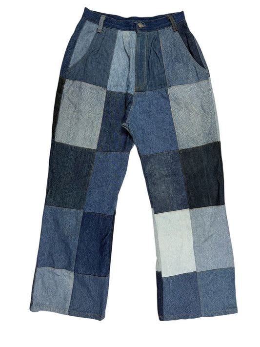 Unique Retro Patchwork Blue Denim Jeans 26W 28L Loose Fit