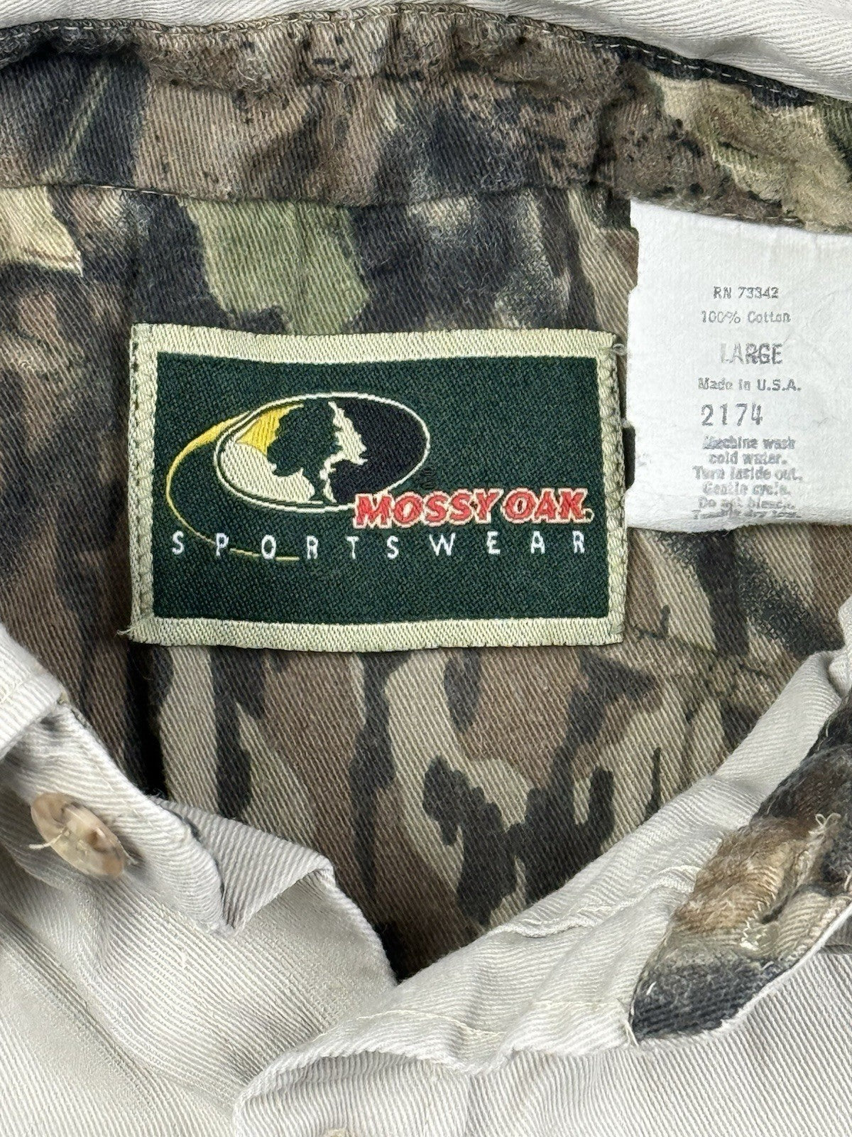 Mossy Oak Vintage Grey Camo Patch Cotton Shirt Size Large Made In USA