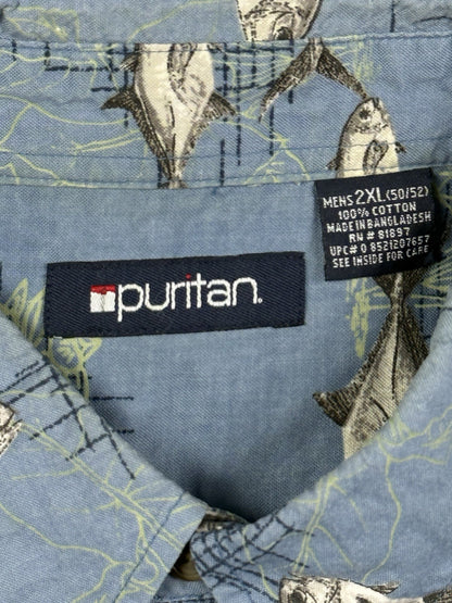 Puritan Retro Blue Hawaiian Fish Holiday Shirt 2XL