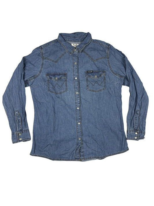 Wrangler Retro Blue Pearl Snap Western Cotton Shirt Women's Large