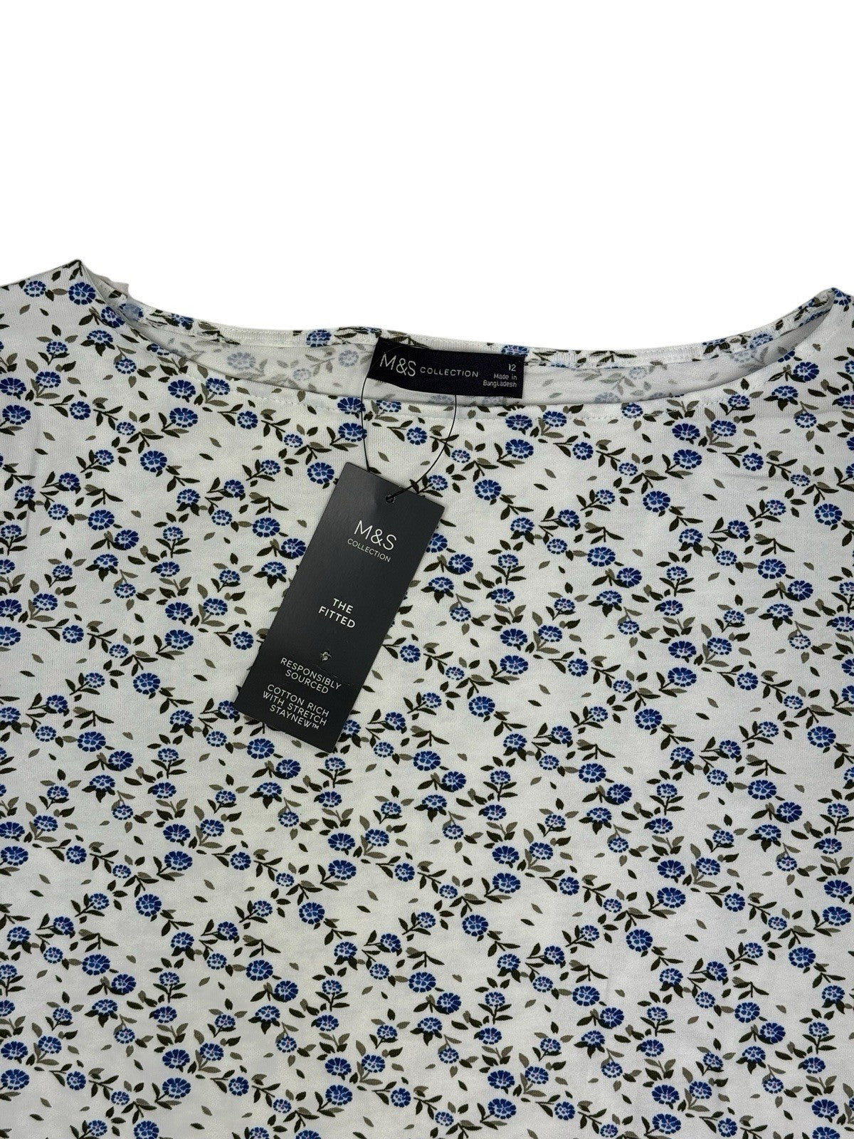 BNWT M&S Cream Floral Pattern 3/4 Sleeve Cotton Blend Top