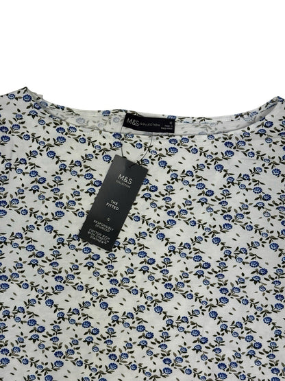 BNWT M&S Cream Floral Pattern 3/4 Sleeve Cotton Blend Top
