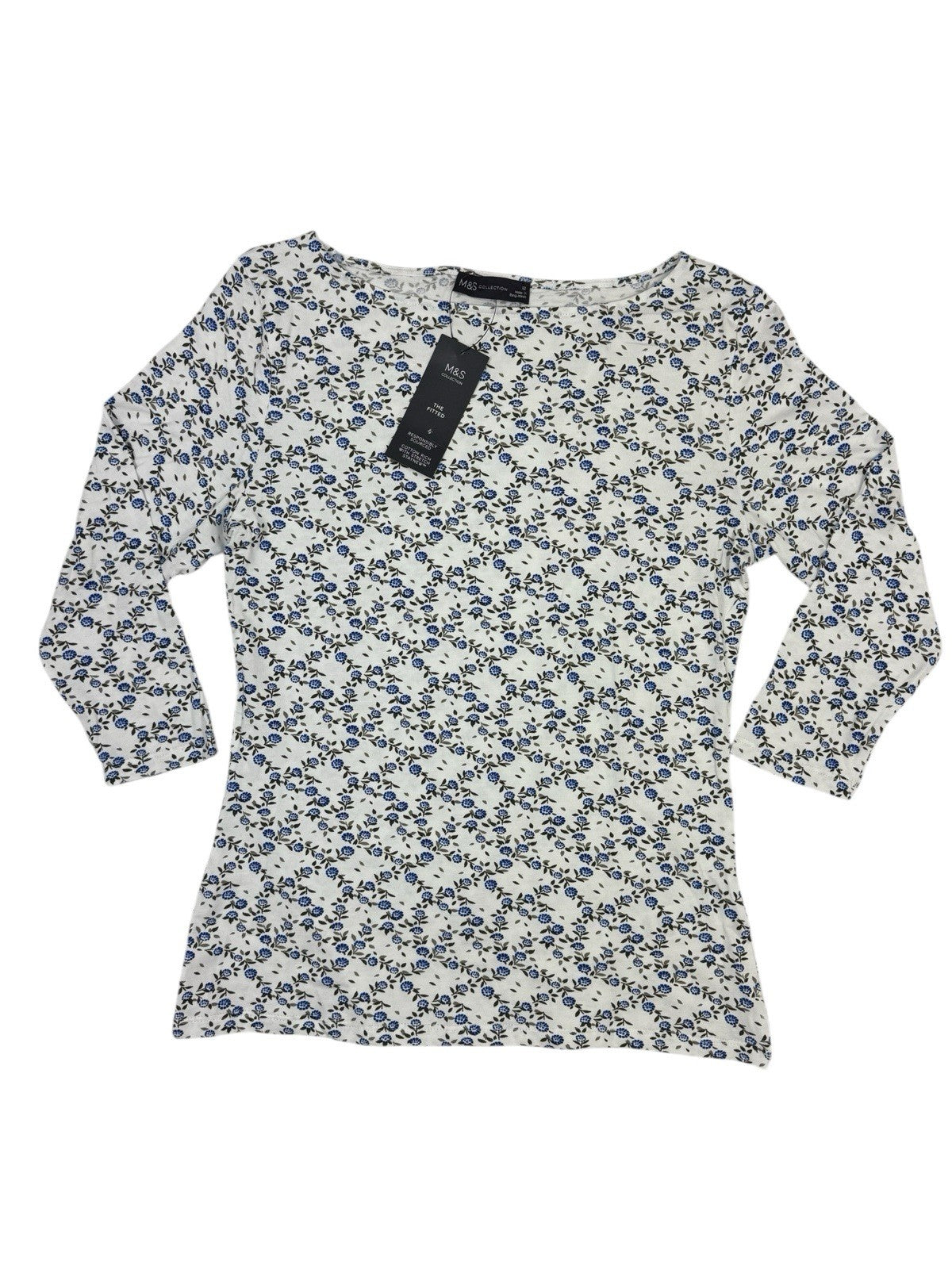 BNWT M&S Cream Floral Pattern 3/4 Sleeve Cotton Blend Top