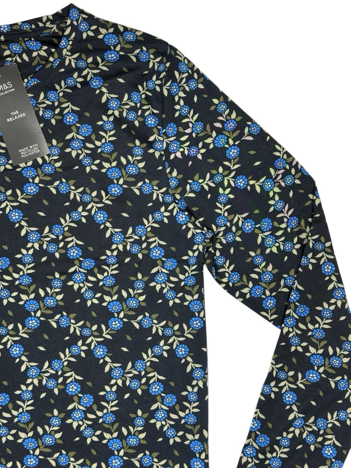 BNWT M&S Blue Floral Polyester 3/4 Sleeve Relaxed Fit Top