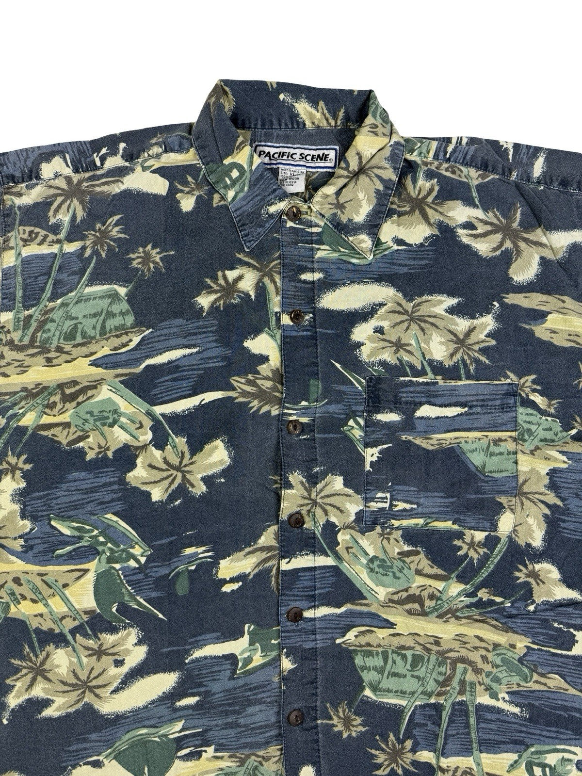 Pacific Scene Retro Blue Hawaiian Floral Beach Holiday Shirt XL
