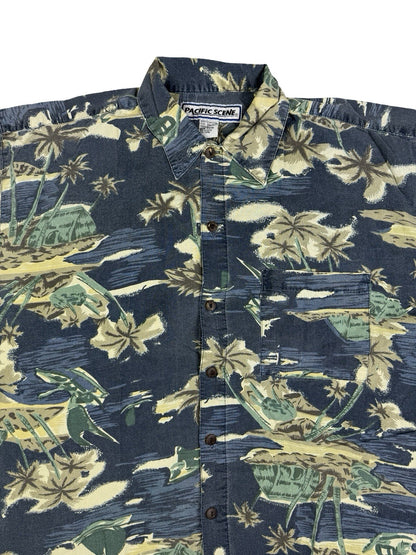 Pacific Scene Retro Blue Hawaiian Floral Beach Holiday Shirt XL