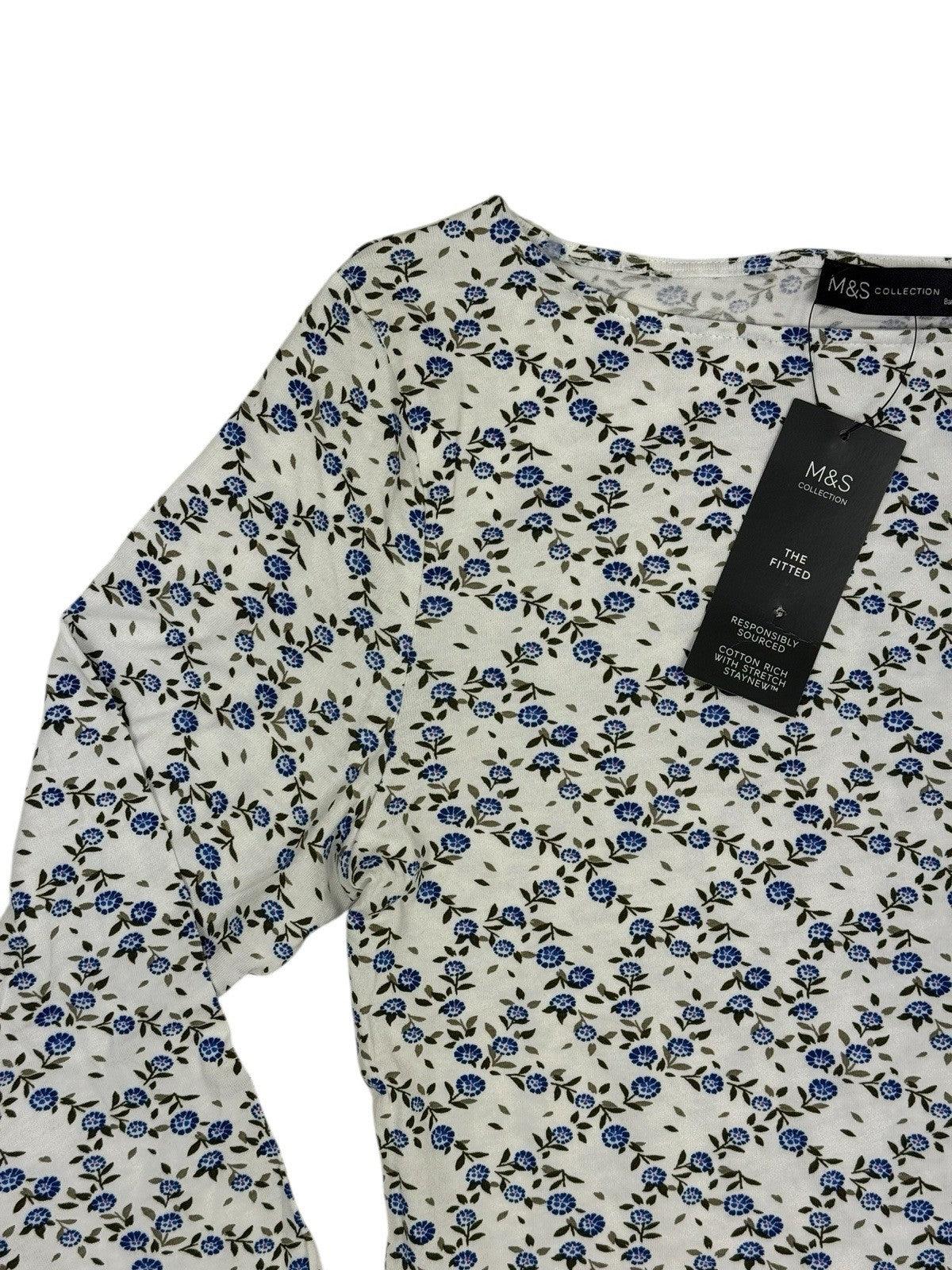 BNWT M&S Cream Floral Pattern 3/4 Sleeve Cotton Blend Top
