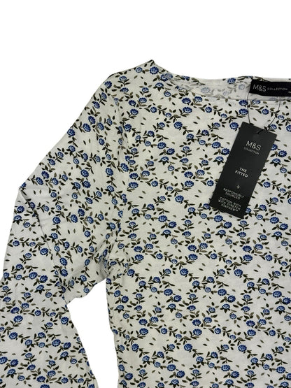 BNWT M&S Cream Floral Pattern 3/4 Sleeve Cotton Blend Top