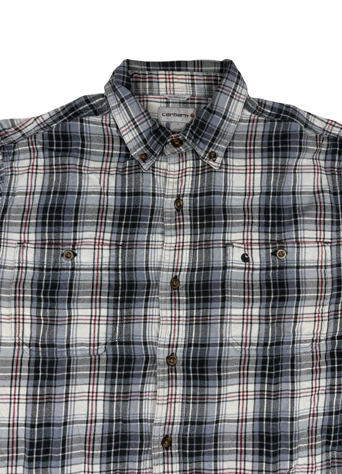 Carhartt Trumbull Grey Plaid Flannel Cotton Shirt Large Relaxed Fit Regular