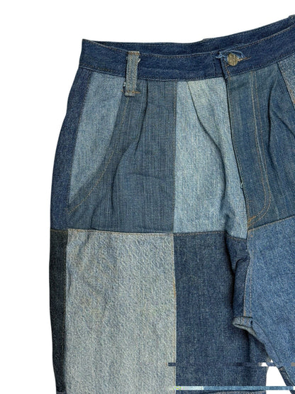 Unique Retro Patchwork Blue Denim Jeans 26W 28L Loose Fit
