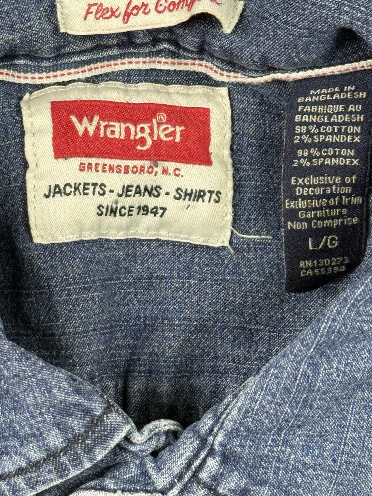 Wrangler Flex Comfort Blue Pearl Snap Western Denim Shirt Large