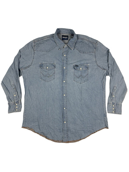 Wrangler Pearl Snap Blue Denim Western Cowboy Shirt 2XL Tall