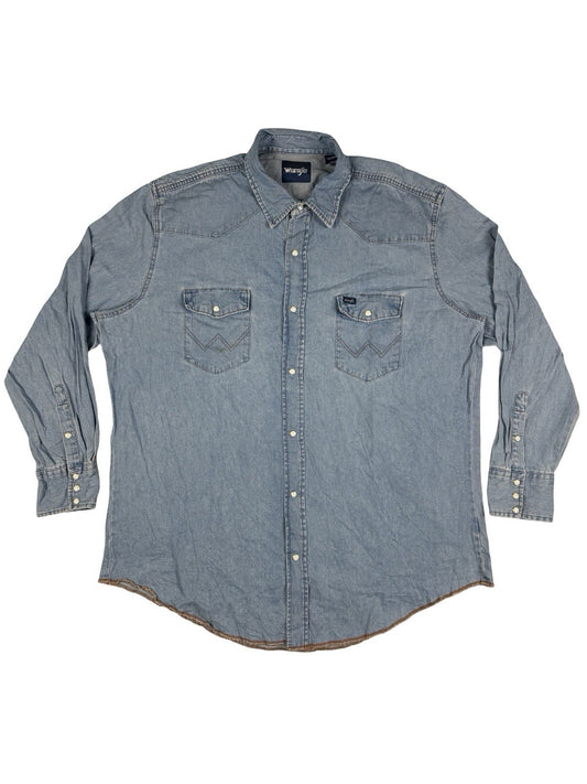 Wrangler Pearl Snap Blue Denim Western Cowboy Shirt 2XL Tall