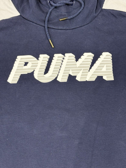 Puma Blue Colourblock Print Spellout Logo Hoodie Sweatshirt Medium