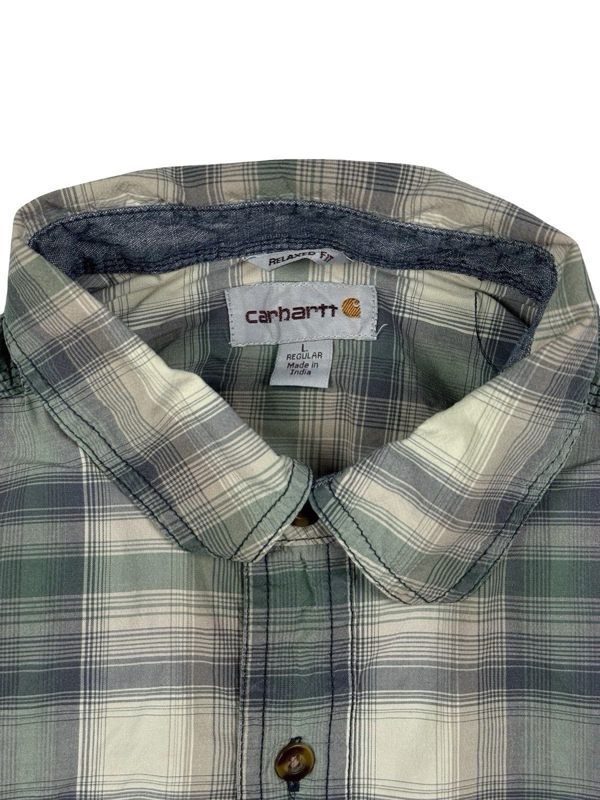 Carhartt Green Grey Plaid Short Sleeve Relaxed Fit Button Shirt Large Regular