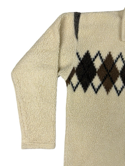 Essentials Style Retro Cream Argyle Fleece Button Jacket Medium